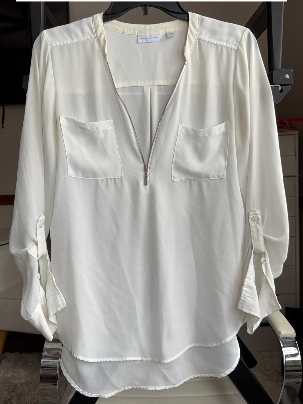 New York & Company Women's White Zip Front Blouse